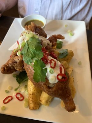 Curry banana blossom ‘fish’ and chips.   at Ilkley Moor Vaults in Ilkley