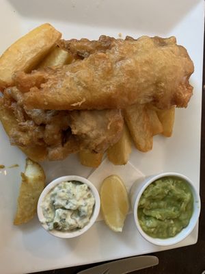 Banana blossom ‘fish’ and chips   at Ilkley Moor Vaults in Ilkley