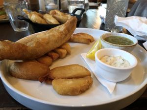 Vegan fish & chips, onion rings  at Ilkley Moor Vaults in Ilkley