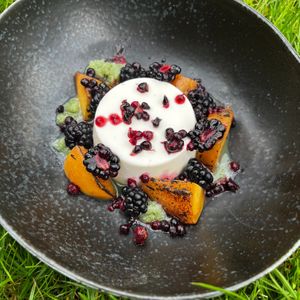 Vegan Vanilla Panna Cotta - Roasted Peaches - Pub Garden Blackberries - Mint Granita at Ilkley Moor Vaults in Ilkley