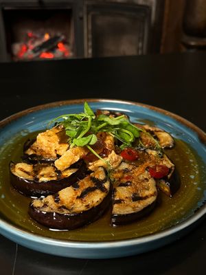 Chargrilled aubergine – fried tofu –
spring onion oil – soy dressing (gfa) at Ilkley Moor Vaults in Ilkley