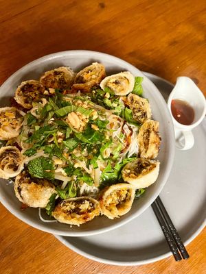 Classic Vietnamese noodle Salad - Vegetable Spring Rolls - Lettuce - cucumber - Beansprouts - Rice noodles - Pub Garden Herbs at Ilkley Moor Vaults in Ilkley