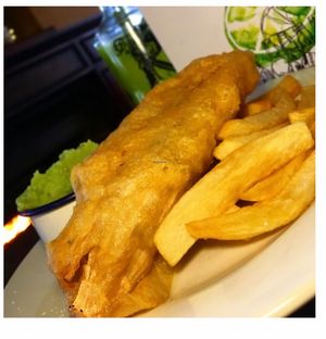 Banana blossom “fish” and chips  at Ilkley Moor Vaults in Ilkley