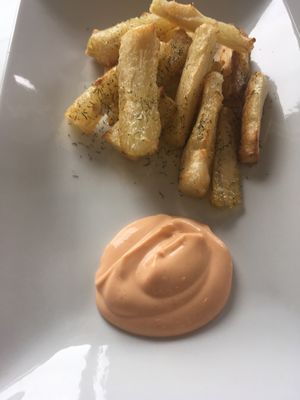 Yucca fries with spicy mayo. Amazing.  at Mind Your Belly in Richmond