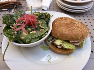 Vegan burger with side salad  at The Portsmouth Brewery in Portsmouth