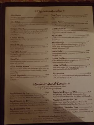 vegetarian section (vegan dishes marked [V]) at Shalimar India in Portsmouth