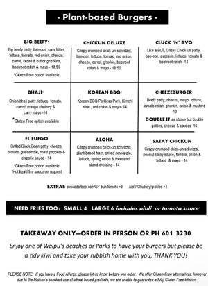 Prev burger menu  at Logan MacLean in Waipu