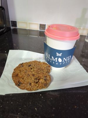Breakfast cookie and tumeric latte. They don't have a ton of vegan options but everything is well labeled. at Almond Butterfly - Harbord St in Toronto