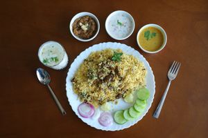 Mock Chicken Biryani with Raitha, Salan, Buttermilk, and Double ka Meetha. All Vegan! at Plantarium in Hyderabad