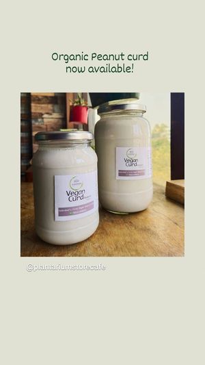 You can buy a lot of vegan supplies like this peanut yogurt from our store cum cafe! at Plantarium in Hyderabad