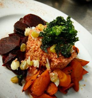 Couscous with beets and carrots and wine braised raisins at Brauhaus Sacher in Leonberg
