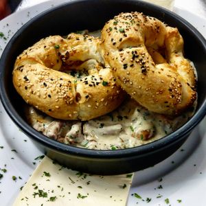 Zwiebelkuchen Donuts on mushroom sauce (special menue) at Brauhaus Sacher in Leonberg