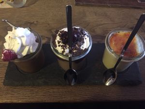 three vegan mini desserts; dark chocolate ice, black forest cake with oreos, creme brulee (8,80€) at Brauhaus Sacher in Leonberg