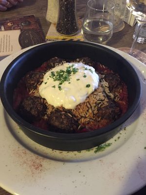 greek mushroom balls with rice and zaziki  at Brauhaus Sacher in Leonberg