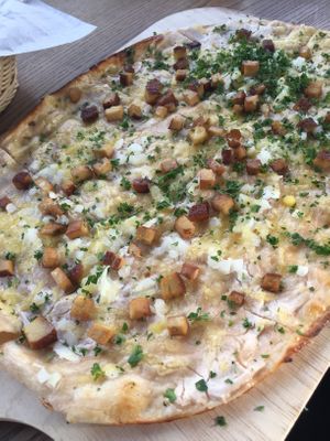 Tarte flambé with smoked tofu and vegan cream  at Brauhaus Sacher in Leonberg