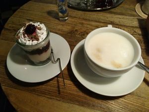 Vegan "tiramisu" and cappuccino with plant-based milk at Brauhaus Sacher in Leonberg