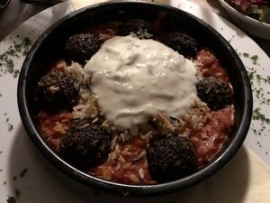  Keftedes Greek dish! Mushroom balls  in tomato paprica sauce and joghurt  at Brauhaus Sacher in Leonberg