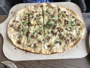 Tarte flambe with smoked tofu  at Brauhaus Sacher in Leonberg