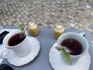 Tropical fruit tea & homemade ginger and apple shot at Manjerica in Lisbon