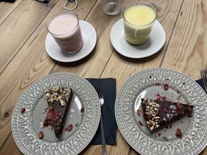 100% plant based salted caramel, chocolate, and hazelnut pie, beetroot and cumin lattes  at Manjerica in Lisbon