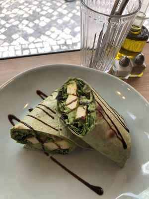  1. 🌱 Guacamole & Tofu Wrap 🌱 2. Matcha Latte and Ginger shot ✨   at Manjerica in Lisbon