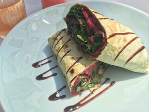 Mushrooms, beetroot hummus and spinach wrap at Manjerica in Lisbon
