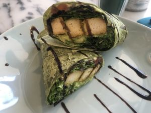 Avocado wrap with guacamole and tofu. Great taste but a little messy to eat with hands when covered in a sauce    at Manjerica in Lisbon
