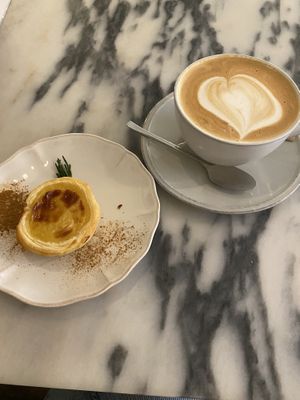 vegan pastel de nata and oat milk cappuccino   at Manjerica in Lisbon