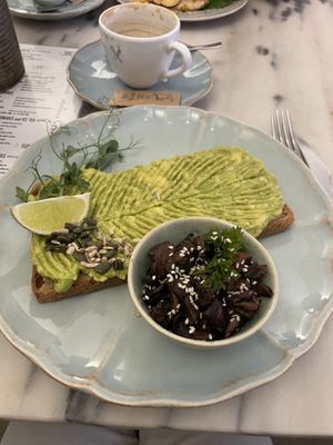 Avocado on toast with a side of mushrooms   at Manjerica in Lisbon