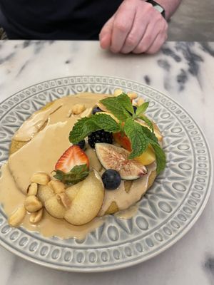 Pancakes , peanut butter and fruit   at Manjerica in Lisbon