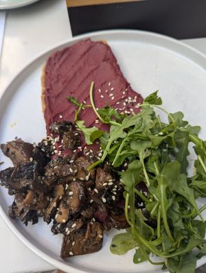 Beet on toast and mushrooms at Manjerica in Lisbon