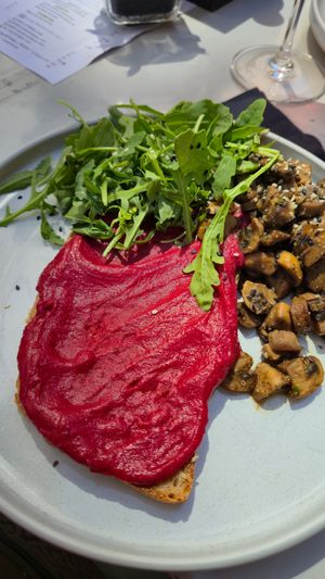 Sautéed mushrooms with beetroot on toast at Manjerica in Lisbon