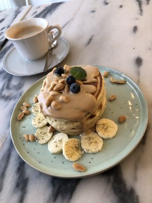 Pancakes with peanut butter & bananas  at Manjerica in Lisbon