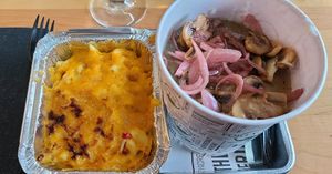 Mushroom grits with vegan mac and cheese at Forty Acres Soul Kitchen in Grand Rapids