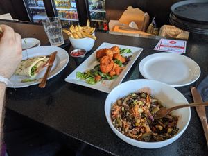 Quinoa and collards bowl, buffalo cauliflower, and an impossible sandwich. at Forty Acres Soul Kitchen in Grand Rapids