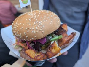 Garlic mushroom burger with Cajun potatoes at Falafel and Friends in Norwich