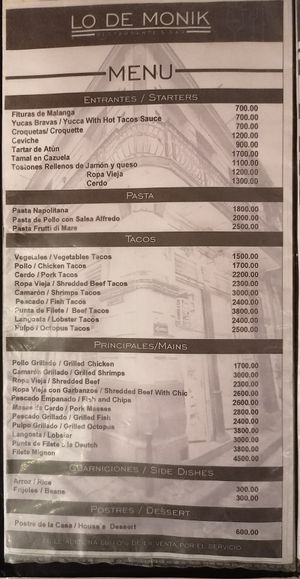 Menu (January 2025) at Lo De Monik in Havana