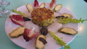 Crushed Potato Cake with Walnut Sauce and Pickled Courgettes at Spinacio's in St Ives