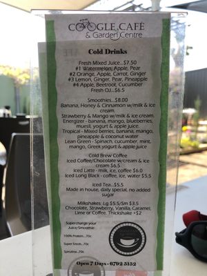 Cold drinks menu as at 19-09-19 at Coogle Cafe in Narrabri