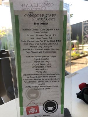 Hot drinks menu as at 19-09-19 at Coogle Cafe in Narrabri