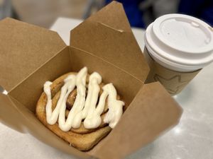 Cinnamon bun and hot chocolate   at Bonus Bakery in Vancouver