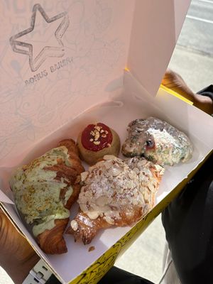 Almond Croissant, Pistachio Croissant, PB+J mini bite, Blueberry Scone at Bonus Bakery in Vancouver