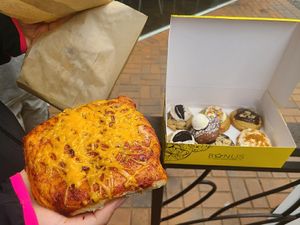 Pizza pretzel at Bonus Bakery in Vancouver