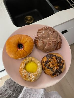 Donut, mini cookies and cinnamon twist at Bonus Bakery in Vancouver
