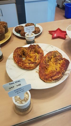 Vegan pizza pretzel at Bonus Bakery in Vancouver