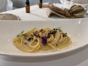 Pasta with cacao nib and dill at Antonio Chiodi Latini in Turin