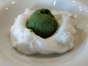 Star anise and spirulina gelato on foam at Antonio Chiodi Latini in Turin