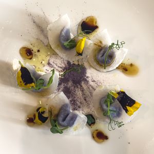 Purple potato powder and ravioli with a lovely Japanse touch   at Antonio Chiodi Latini in Turin