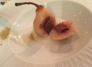 Poached pear with chocolate fondant. Did not like the sauce had an odd consistency & did not taste of vanilla. at Antonio Chiodi Latini in Turin