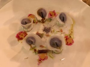 Raw tortellini filled with purple potatoes at Antonio Chiodi Latini in Turin
